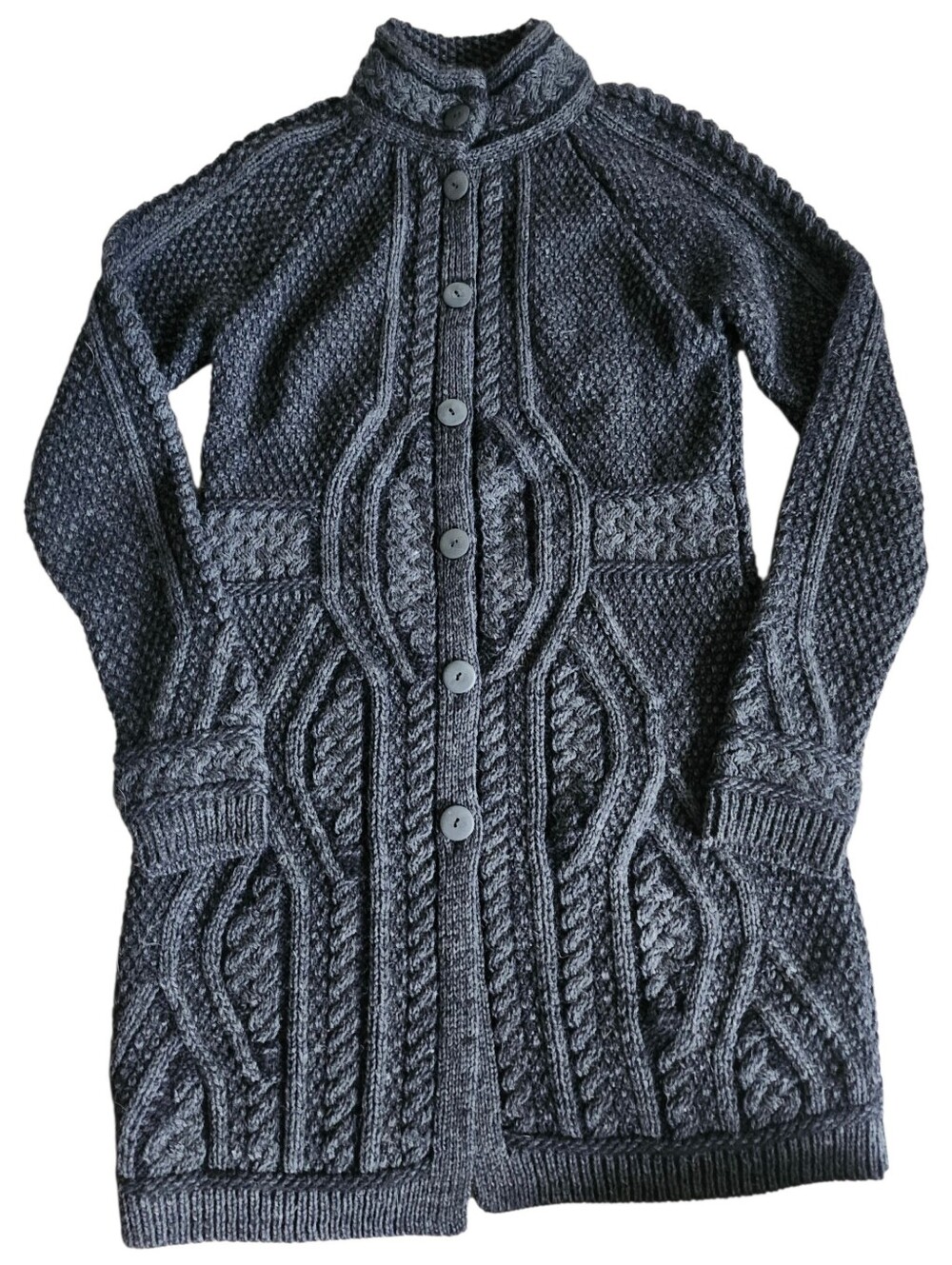 Inis Crafts Irish Aran Cable Knit Long Cardigan Sweater Coat Gray Merino Wool S